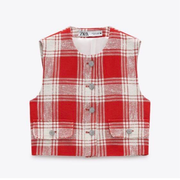 Zara Textured Waistcoat Vest Top Sleeveless Red White - Picture 2 of 14